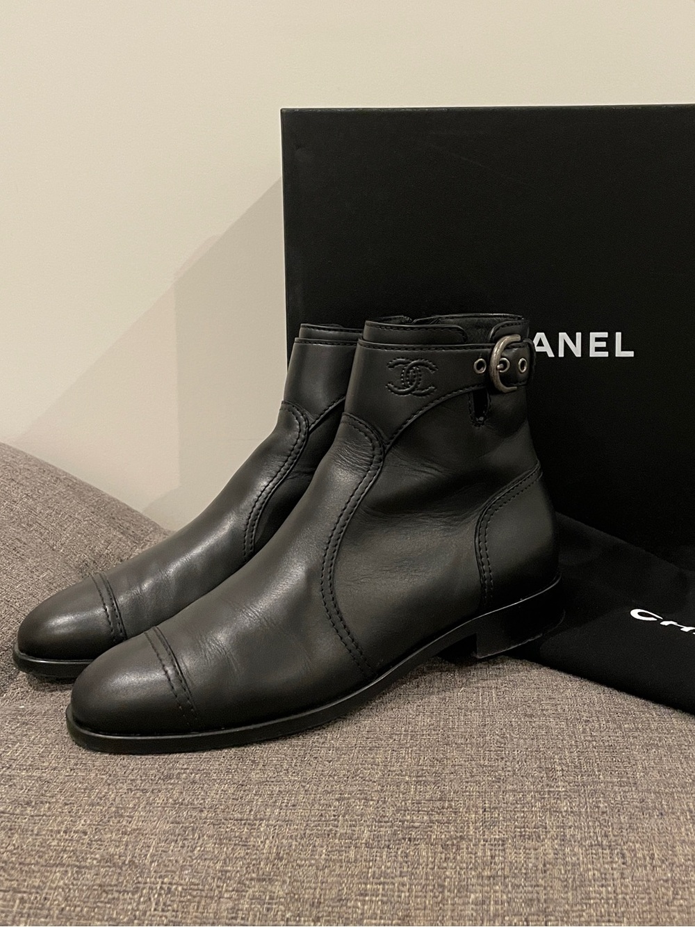 Chanel Black Lambskin Leather Ankle Boots Buckle Detail Embroidered CC Logo